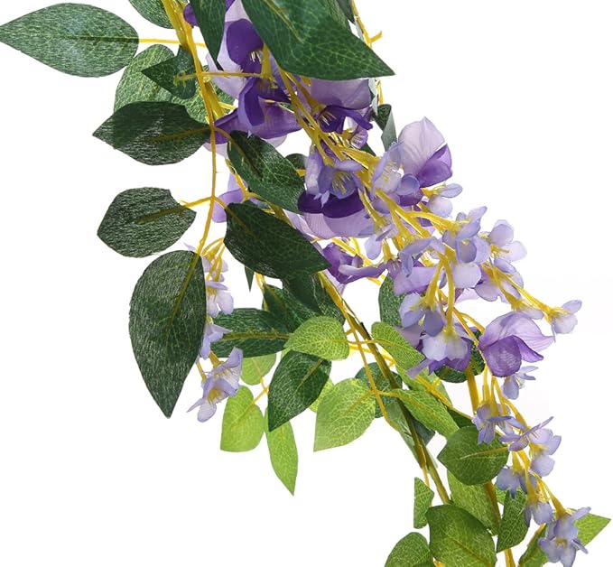 2Pcs 6.6Ft Artificial Flowers Vines Silk Wisteria Artificial Garlands Fake Hanging Green Leaf Flower Ivy Vines for Home Garden Wedding Arch Decor, Purple