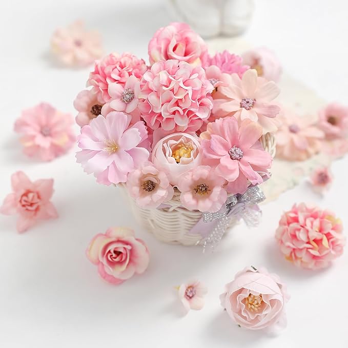 Faux Flower Heads Mini Pink Artificial Flower Heads Fake Peony Daisy Rose Flowers Multicolor Small Silk Daisy Flower Heads for Craft Garland Wedding Party DIY Home Decoration,2-4 cm