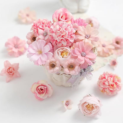 Faux Flower Heads Mini Pink Artificial Flower Heads Fake Peony Daisy Rose Flowers Multicolor Small Silk Daisy Flower Heads for Craft Garland Wedding Party DIY Home Decoration,2-4 cm