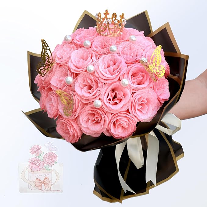 Glitter Roses Bouquet, Shiny Artificial Roses Flowers with Stems DIY Fake Glitter Flowers Bouquet for Valentine's Day, Mother's Day, Anniversary, Graduation, Birthday, Wedding, 36 Roses (Pink)