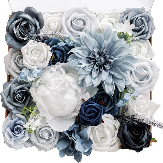 TINGE TIME Artificial Flowers Dusty Blue and White Flower Combo for DIY Wedding Bouquets Table Centerpieces Arrangements Party Baby Shower Home Decorations
