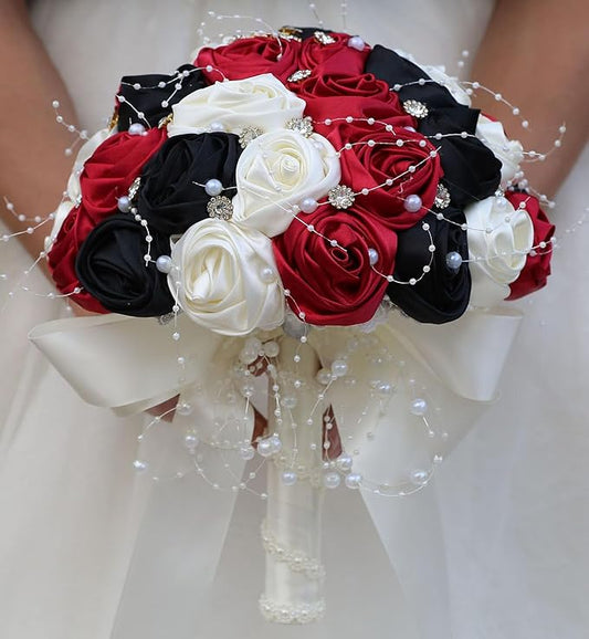 Bridal Wedding Bouquet Round Bling Brooch Bouquet Throw Toss Artificial Rose Flower Bunch for Bride Bridesmaid Wedding Quinceanera(Ruby Red, Black & Ivory, 7.5")