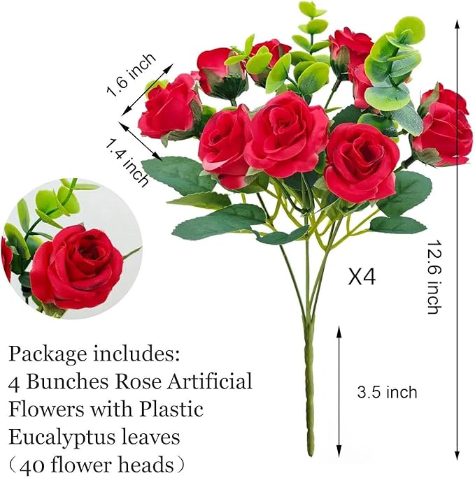 40 Heads Artificial Roses Flowers for Outdoors,4 Bunches Fake Silk Red Rose Plastic Flower UV-Resistant Faux Floral Bouquet Arrangements for Outdoor Vase Planters Garden Outside Decoration