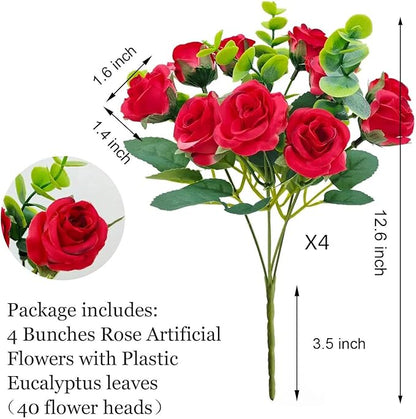 40 Heads Artificial Roses Flowers for Outdoors,4 Bunches Fake Silk Red Rose Plastic Flower UV-Resistant Faux Floral Bouquet Arrangements for Outdoor Vase Planters Garden Outside Decoration