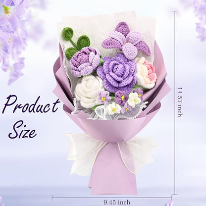 Crochet Flowers,Finished Bouquet Crocheted Cotton Thread Flowers, Handmade Crochet Rose Tulip Fern Leaf as a Gift for Lover, Friends. Artificial Flower (Purple)