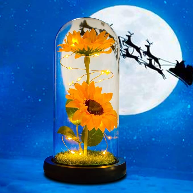 QUELIEN Sunflower Gift for Women,Sun Flowers Home Decor,Preserved Sunflower Bouquet in Glass Dome,Birthday Gifts for Her Mom