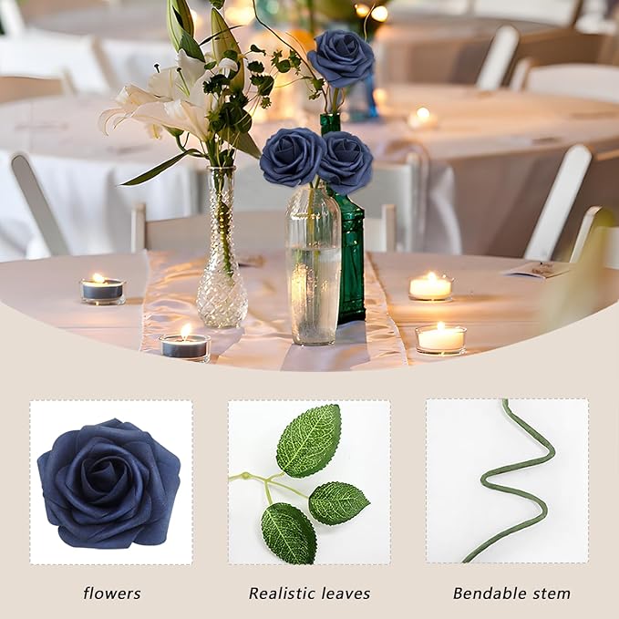 100Pcs Navy Blue Artificial Flowers Roses Real Looking Foam Fake Roses with Leaves and for DIY Wedding Bouquets Bridal Shower Centerpieces Party Decorations (Navy Blue, 100)