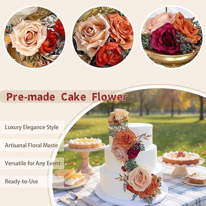 Pre-Made Burnt Orange Silk Flowers for Cakes Decorations Sunset Terracotta Artificial Rose Peony Fall Wedding Cake Toppers Decorating Fake Floral Rust Anniversary Birthday Party Arrangements Table