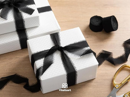 Vitalizart Black Chiffon Silk Ribbon 1" x 21 Yd Fringe Fabric Package (3 Rolls * 7 Yd) for Wedding Invitations Bridal Bouquets Decorations Gifts Wrapping & Bow Making