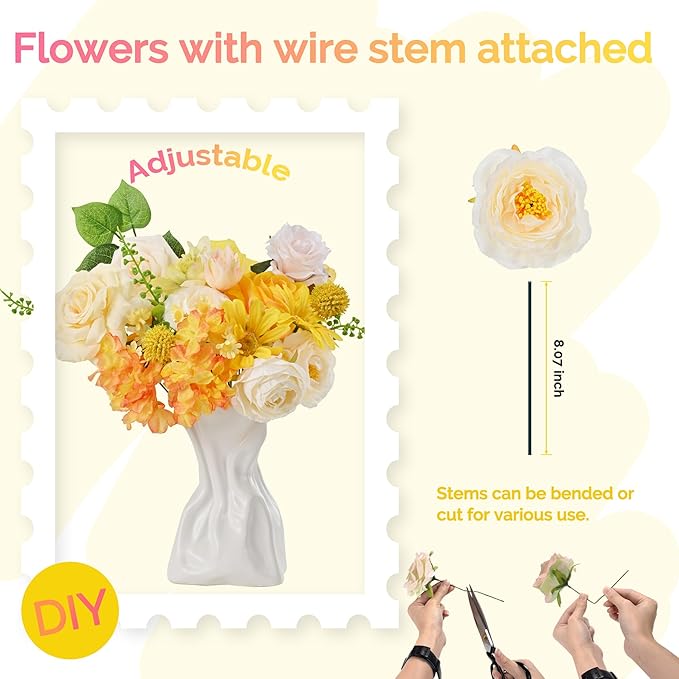 Artificial Flowers, Spring Summer Flower with Wire Stem, Fake Flowers for DIY Yellow Flower Box Wedding Bouquet Table Centerpieces Baby Shower Home Décor