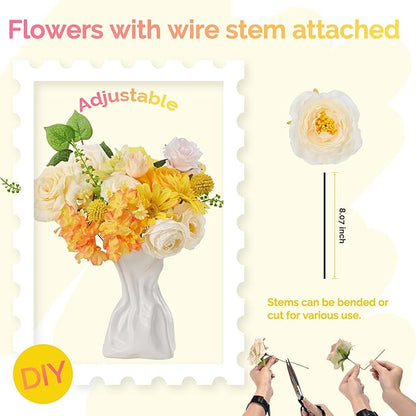 Artificial Flowers, Spring Summer Flower with Wire Stem, Fake Flowers for DIY Yellow Flower Box Wedding Bouquet Table Centerpieces Baby Shower Home Décor