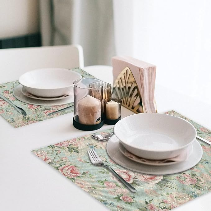 Pink Flowers Placemats Set of 8, 17x12 Inch Rustic Spring Floral Blossom Natural Romantic Table Mats for Home Party Kitchen Dining Decor