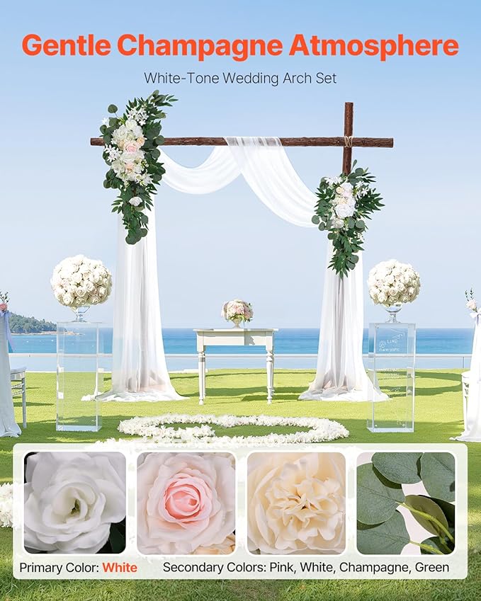 VEVOR Artificial Wedding Arch Flowers Kit, White Wedding Arch Flowers with Drapes Kit (Pack of 4) - 2 Pcs Floral Arrangement, 2 Pcs Sheer Drapes, for Ceremony Bouquets Reception Backdrop Decoration