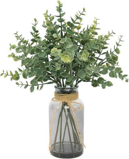 Eucalyptus Stems in Glass Vase with Faux Water, 14" Eucalyptus Fake Plants for Home Bathroom Office Kitchen Farmhouse Shelf Centerpiece Coffee Table Decor(Gray Vase)