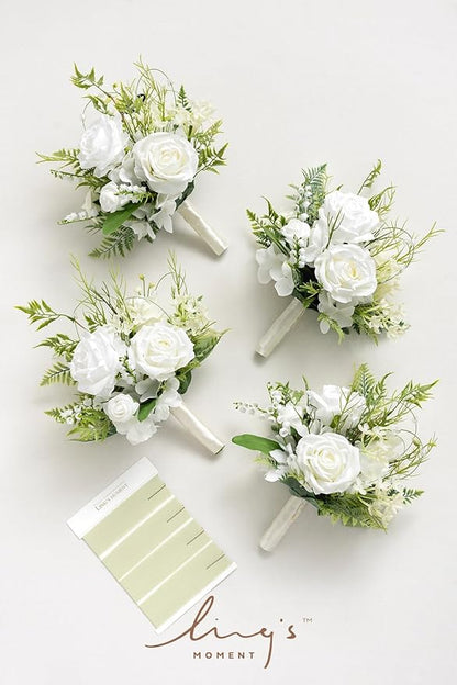 Ling's moment Artificial Flowers Lily of Valley White Bridesmaid Bouquet Set of 4, Green Wedding Flowers Bouquets for Bridesmaids, 7 Inch Bridal Bouquets for Bridesmaids, Wedding, etc