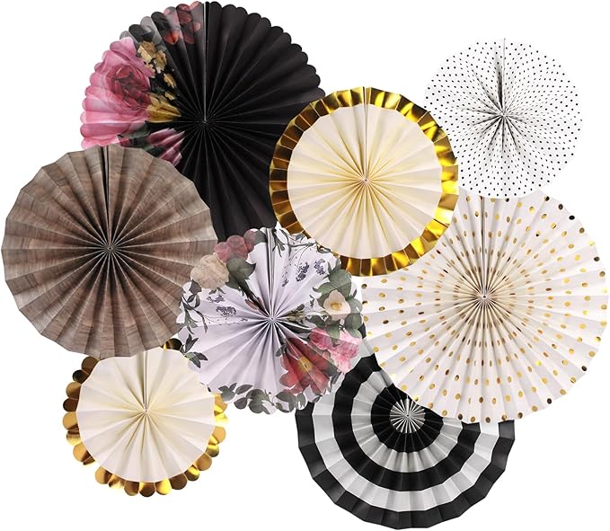 zilue Paper Fans Party Decorations Paper Flowers Decorations for Wall Classroom Floral Backdrop Baby Shower Birthday Party Flower Wall Decor Pack of 8 Vintage Black Ivory