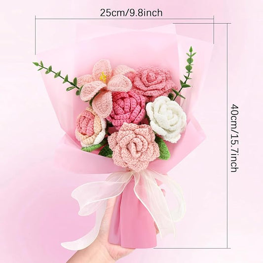 Handmade Crochet Sunflowers Rose Daisy as a Gift for Lover, Family,Friends. Crochet Bouquet, Crocheted Yarn Flowers, Artificial Flower Finished Bouquet (Pink)