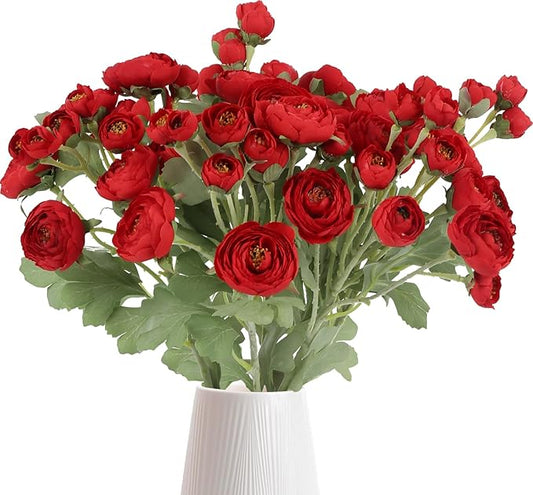 Silk Ranunculus Artificial Flowers 5PCS Long Stem Red Fake Peonies 21.65" Real Look Faux Ranunculus Flowers for Floral Arrangements Home Wedding Party Festival Decor (Red)