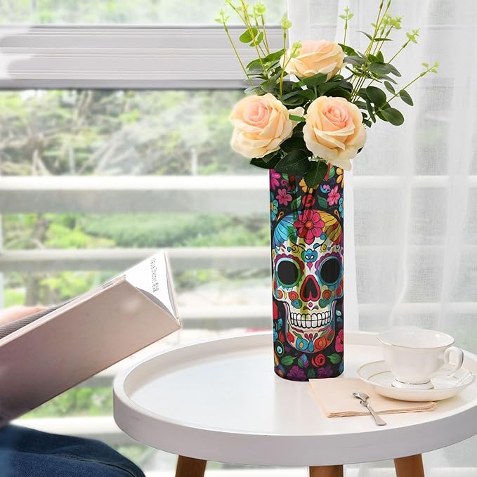 Flower Vase for Centerpieces, Day of The Dead Skull Flower Plastic Cylinder Vase, Clear Bud Vases for Home Wedding Office Table Decor