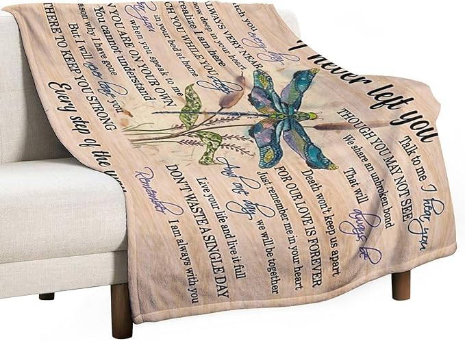 Dragonfly Blanket Memorial Sympathy Gifts for Girls Women Loved One I Never Left You Throw Blanket for Kids Adults Soft Warm Cozy Fleece Blanket for Couch Sofa Bed 60"x80"