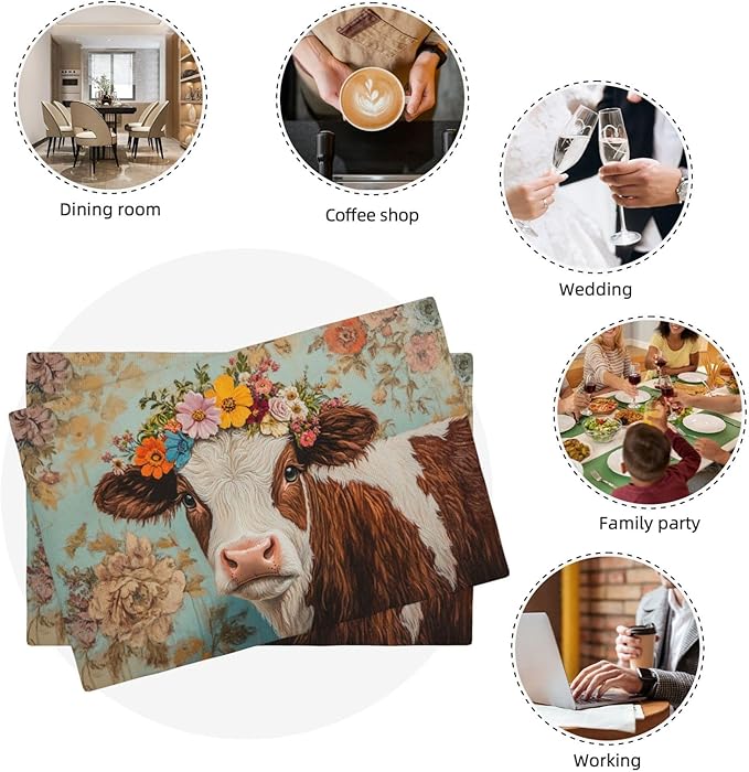 Farmhouse Cow Placemats Set of 6 Washable Table Mats Spring Cow Floral Heat-Resistant Cotton Linen Place Mats for Dining Table Kitchen Indoor Outdoor Party Holiday Decor