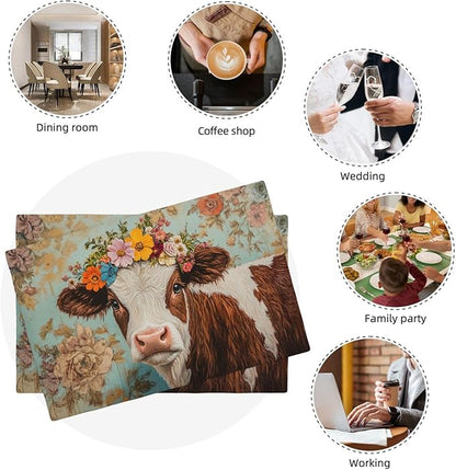 Farmhouse Cow Placemats Set of 6 Washable Table Mats Spring Cow Floral Heat-Resistant Cotton Linen Place Mats for Dining Table Kitchen Indoor Outdoor Party Holiday Decor