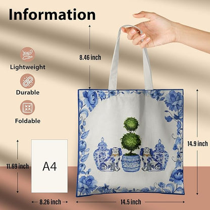 Blue and White Chinoiserie Prints Canvas Tote Bag for Women, Reusable Folding Shopping Bags with Handles