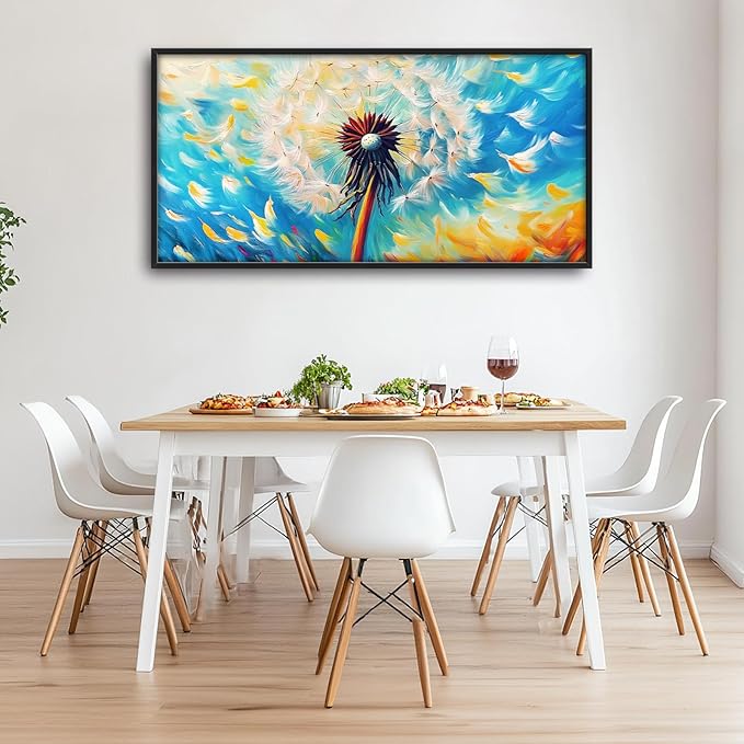 Extra Large Abstract Dandelion Framed Wall Art for Living Room,Oversized Colorful Dandelion Flower Pictures Wall Decor,Blue Canvas Print Painting Modern Artwork Bedroom Office Bathroom 60L x 30W