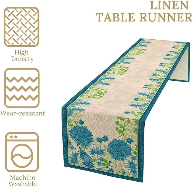 Vintage Floral Table Runner, Elegant Blue Flowers Nature Design Table Runner for Kitchen Dining Holiday Party Home Decoration, 13x70 Inch