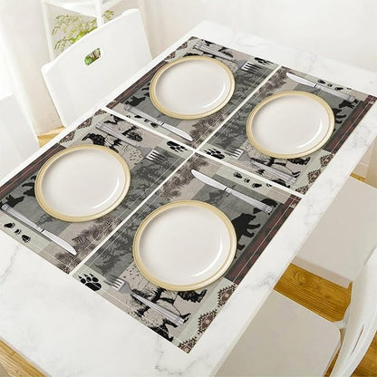 Retro Rustic Lodge Bears Placemats Set of 4, Vintage Cabin Pine Tree Farmhouse Country Style Place Mats, Heat Resistant Non Slip Cotton Linen Dining Table Mats for Home Kitchen 18x12 Inch