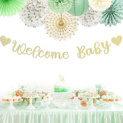 Sage-Green Champagne-Beige Baby Shower Party-Decorations - 21pcs Girls Boy Welcome Baby Banner,Paper Lanterns Pom Poms,Safari Woodland Boho Neutral Streamers Garland Decor Favors Huglony