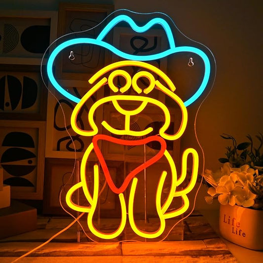 Cowboy Dog Neon Sign for Wall Decor Dog with Cowboy Hat Led Light Sign for Pet Shop,Bedroom,Wall,Home,Western Party Decor Gift for Children Lover Dimmable Animal Neon Signs