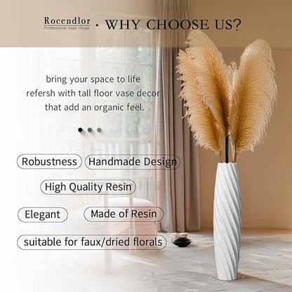 Tall Floor Vase, 23.6 inches Tall Vases Sturdy, Luxury, Textured for Decorative Branches Dried Flowers, Floor Vase for Rustic, Living Room, Shelf Decor (White)