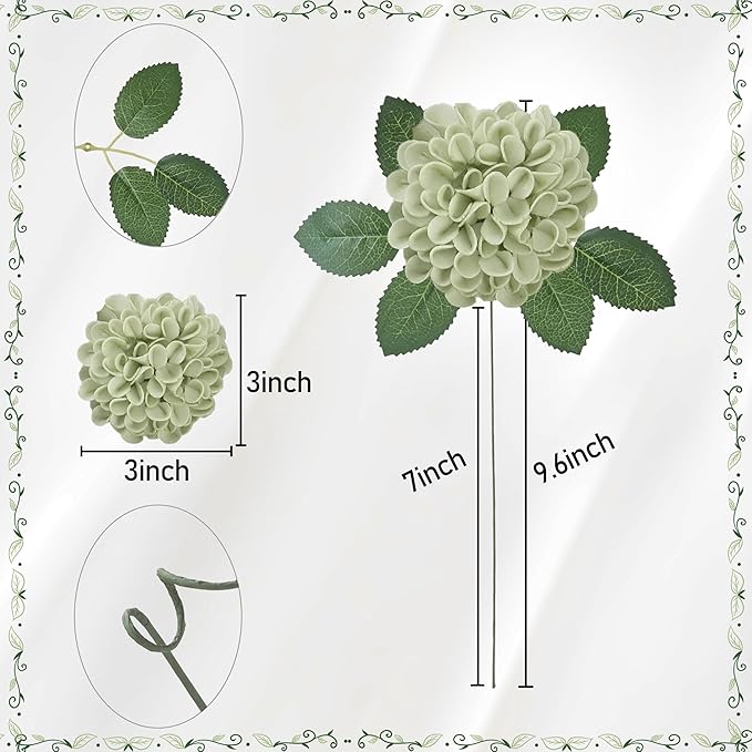 Artificial Flowers, Realistic 50pcs Artificial Rose for DIY Wedding Bouquets Centerpieces Arrangements, Sage Green Dahlia Flowers with Stem for Bridal Shower Party Home Decorations