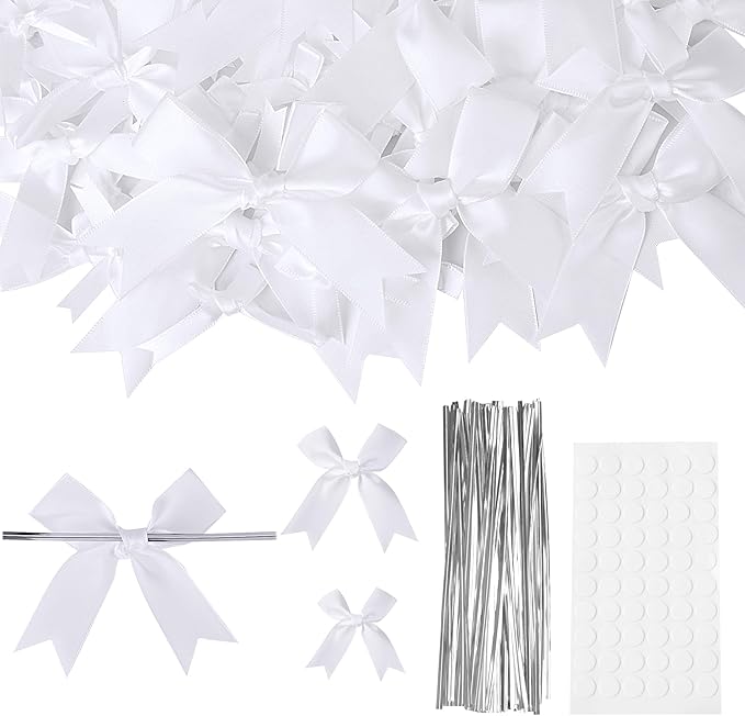 Oubest White Bows for Gift Wrapping, 60 PCS 1.57", 2.5" & 3.5" Satin Ribbon Gift Wrap Bows with Twist Tie for Christmas,Birthdays,Baby Shower,Weddings,Crafts,Holiday Presents,Party Decorations, White