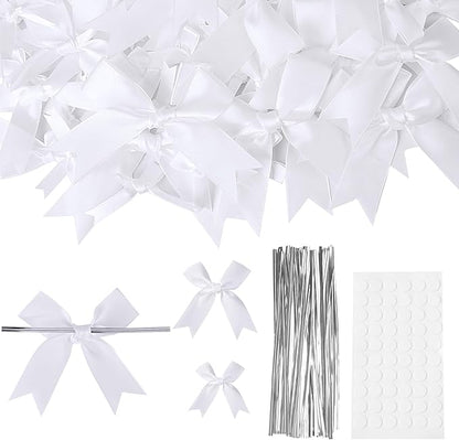 Oubest White Bows for Gift Wrapping, 60 PCS 1.57", 2.5" & 3.5" Satin Ribbon Gift Wrap Bows with Twist Tie for Christmas,Birthdays,Baby Shower,Weddings,Crafts,Holiday Presents,Party Decorations, White