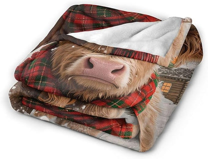 Highland Cow Blanket Christmas Cattle Throw Blanket Winter Snow Soft Cozy Fleece Fuzzy Stuffed Plush Farm Animal Flannel Gifts for Girls Women Boys Kids Adults 40''x50''