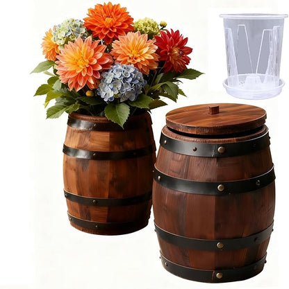 Wood Wine Barrel Vase 6" x 5" – Mini Barrel Rustic Wooden Flower Vase Planter for Wedding Reception, Party Table Decoration,Home Indoor Outdoor Garden, Kitchen,Planting-2pcs (2)
