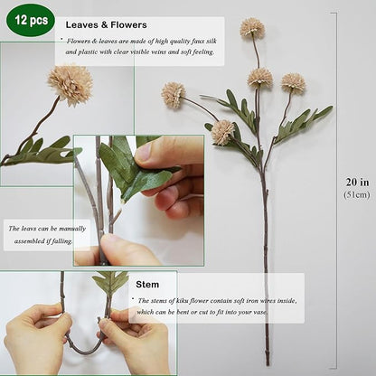 Faux Kiku Flower - Beige 12 Stems Artificial Silk Flowers for Home Decor Indoor Pompon Mums Fake Flowers Ball for Table Centerpieces Wedding Flowers Fillers