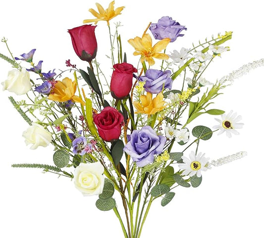 CISDUEO 7 Pcs Wildflowers Artificial Flowers Daisies Roses and Lilies Faux Wildflowers Summer Fake Flowers Spring Bunches Silk Floral Arrangement Wedding Party Decoration Table Centerpieces Home