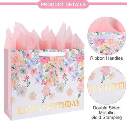 ASYEHJNR 13" Large Size Happy Birthday Gift Bag Floral Flower Pattern with Metallic Gold Happy Birthday Sign Vintage Gift Bag with Greeting Card and Tissue Paper for Girls Women