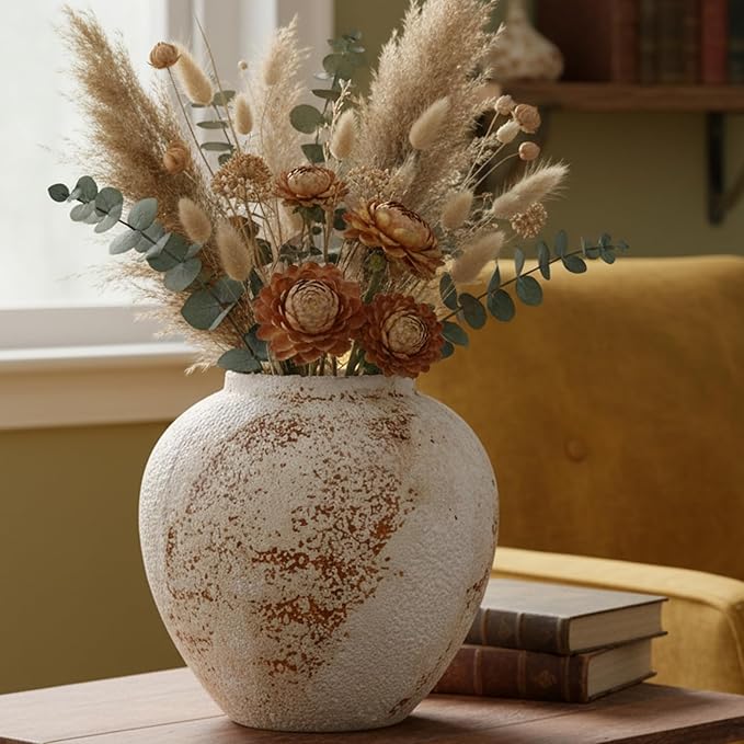 Vintage Ceramic Vase, Minimalist Texture Stone Patterned White Flower Vase, Decorative Vase for Living Room Shelf Farmhouse Dining Table Centerpiece Decor (Rustic 7.9'')