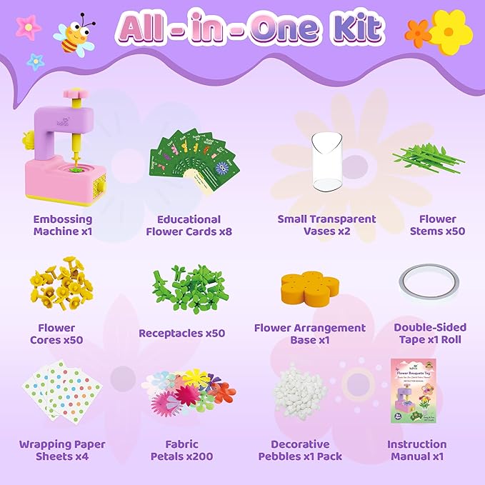 Kiditos DIY Flower Maker Toy Kit – Fabric Flower Bouquet Machine with Accessories, Creative Arts & Crafts Activity Set – Birthday Present, Party Favor & Christmas 2025 Holiday Gift for Kids Ages 3+