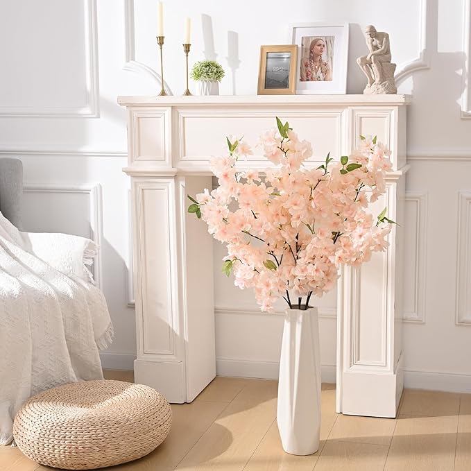 Sunm Boutique Champagne Faux Cherry Blossom Branches, Artificial Cherry Blossom Stems Cherry Blossom Flowers Vase Arrangements for Wedding Home Party Kitchen Decor, Set of 3