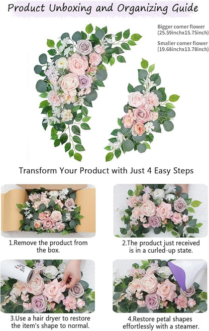Faux Flowers Wedding Welcome Signs Floral(Pack of 2)，Wedding Arch Flowers for Decorations and Reception Backdrop Decoration (Pink)