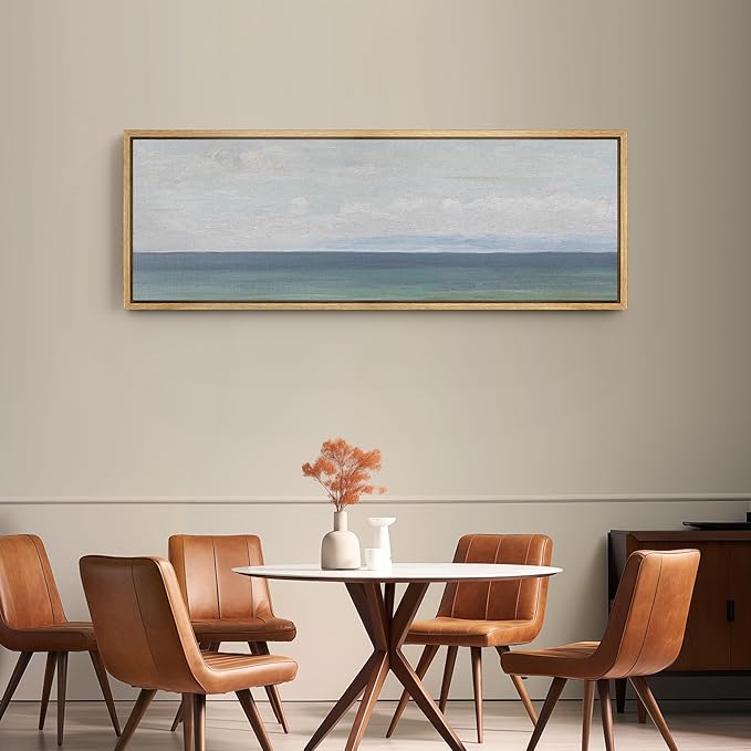 SIGNFORD Large Framed Canvas Print Wall Art Peaceful Coastal Horizon Soft Seascape Illustrations Modern Art Relax/Calm Warm for Living Room, Bedroom, Office - 60"x20"