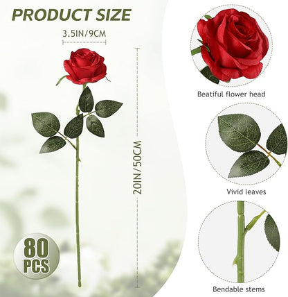 Kisflower 80 Pcs Red Roses Artificial Flowers Bulk, Silk Roses with Stems Real Look Artificial Red Roses for Decoration DIY Wedding Bouquet Bridal Shower Party Home Table Centerpieces Decor (Red)