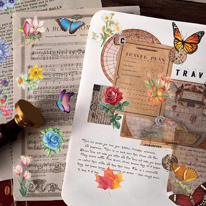 200Pcs Transparent Flower Butterfly Stickers, Aesthetic Nature Floral Decals for Girls Kids Teens Adults, Waterproof Sticker for Water Bottle Scrapbooking Laptop DIY Card Letters Party Supplies