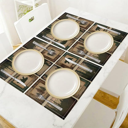 Rustic Lodge Bear Deer Placemats Set of 4, Vintage Cabin Pine Cone Plaid Place Mats, Heat Resistant Non Slip Cotton Linen Dining Table Mats for Home Kitchen Decor 18x12 Inch