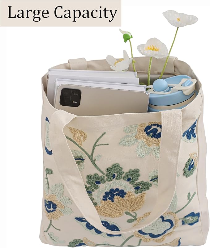Aesthetic Embroidery Tote Bag for Lady Cute Reusable Canvas Shoulder Bag for Girls Women Shopping Grocery
